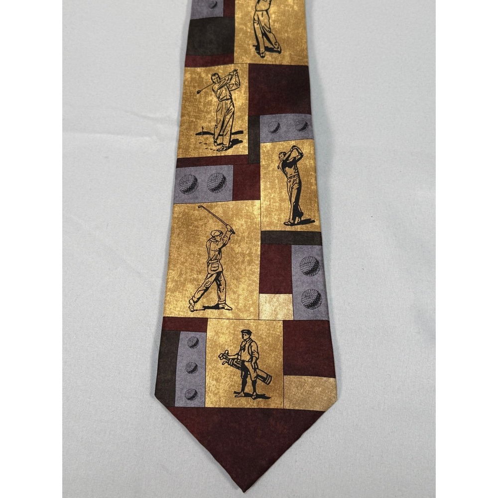 Eagle Neckwear Mens Golf Novelty Silk Tie Burgundy Gold Geometric Vintage Print